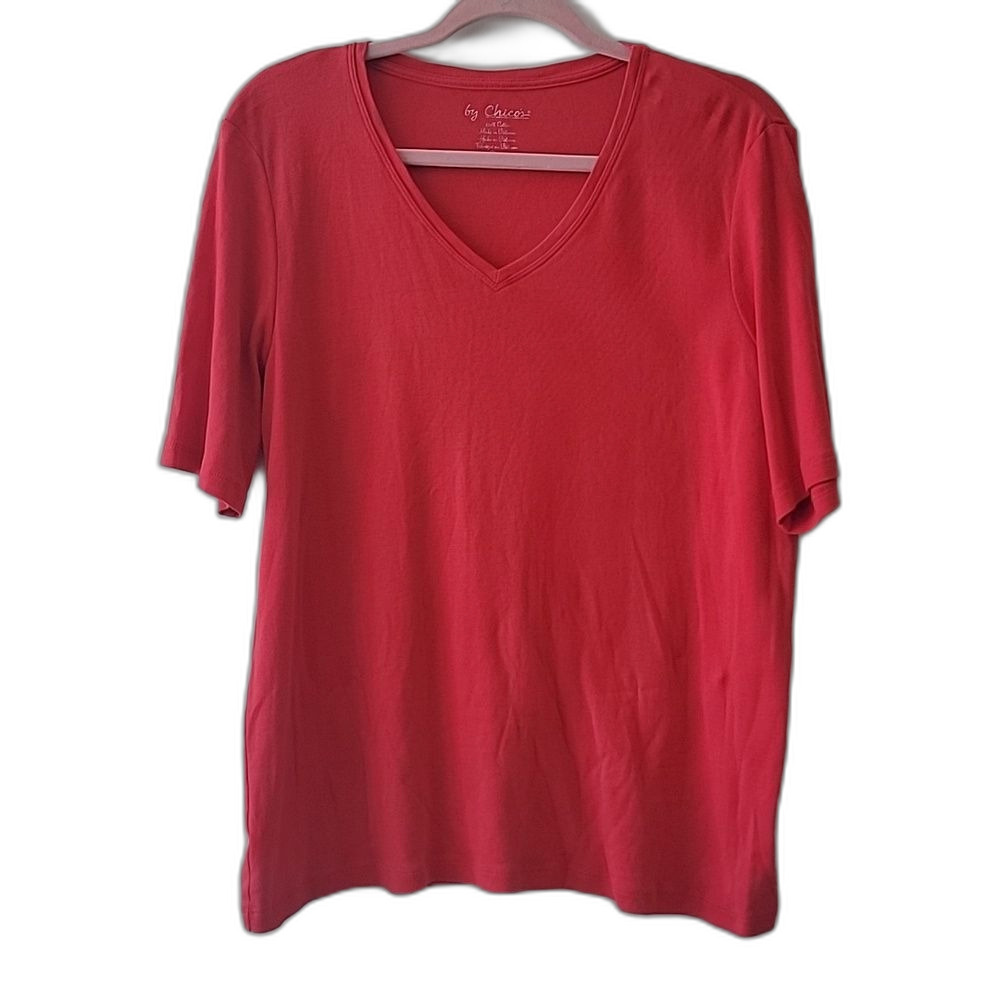 Chico's Bold Red Classic Short Sleeve V Neck Tee